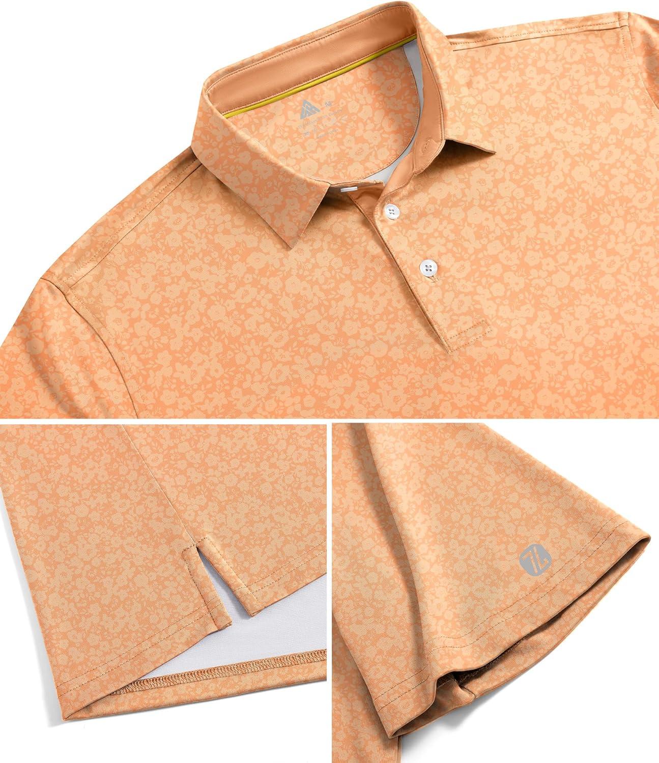 imageZITY Mens Golf Shirts Short Sleeve Print Patterns Performance Moisture Wicking Polo ShirtLight Orange Flower