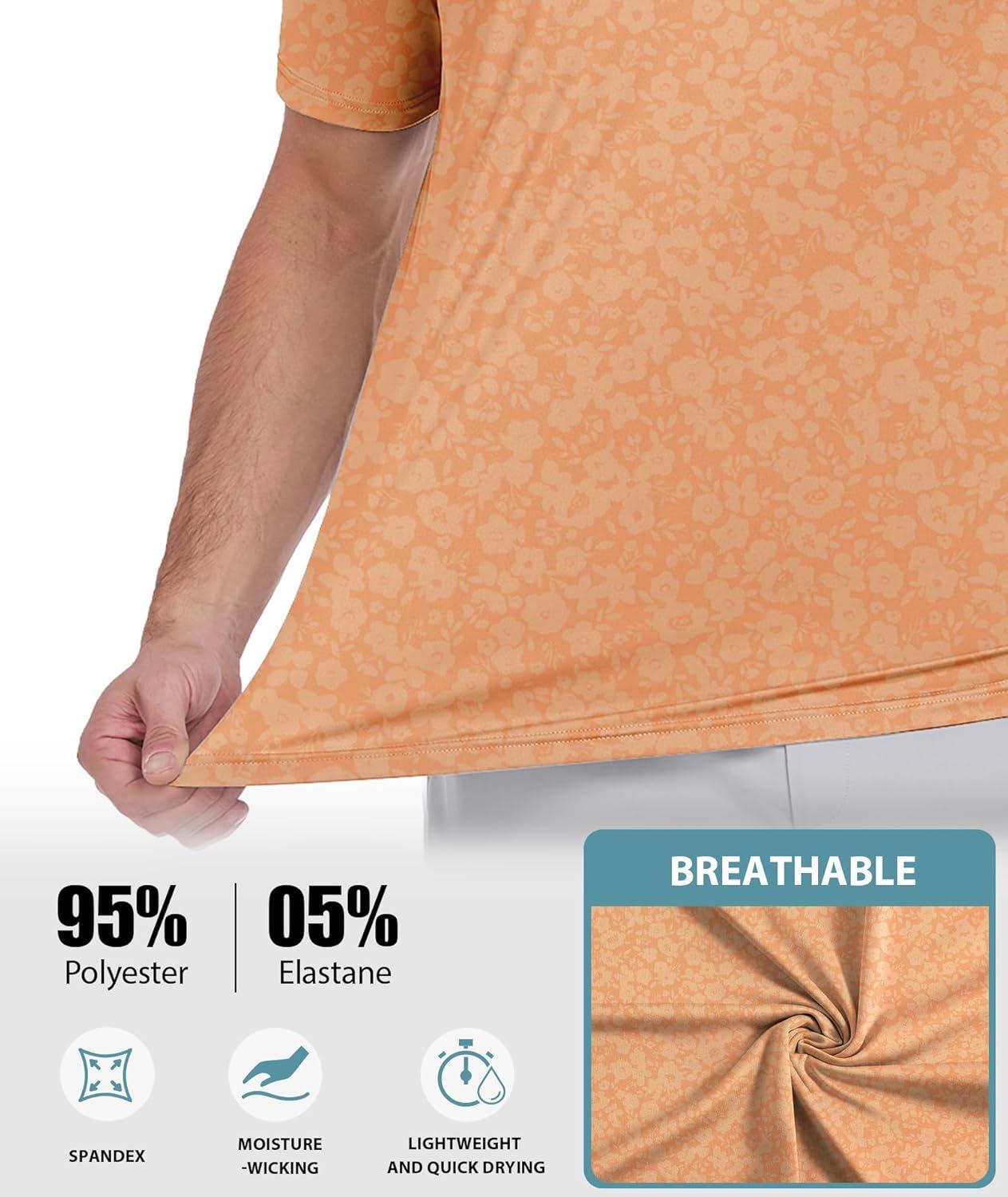 imageZITY Mens Golf Shirts Short Sleeve Print Patterns Performance Moisture Wicking Polo ShirtLight Orange Flower