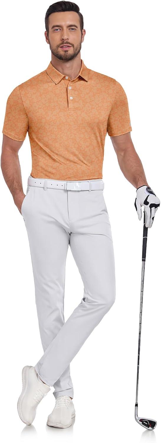 imageZITY Mens Golf Shirts Short Sleeve Print Patterns Performance Moisture Wicking Polo ShirtLight Orange Flower