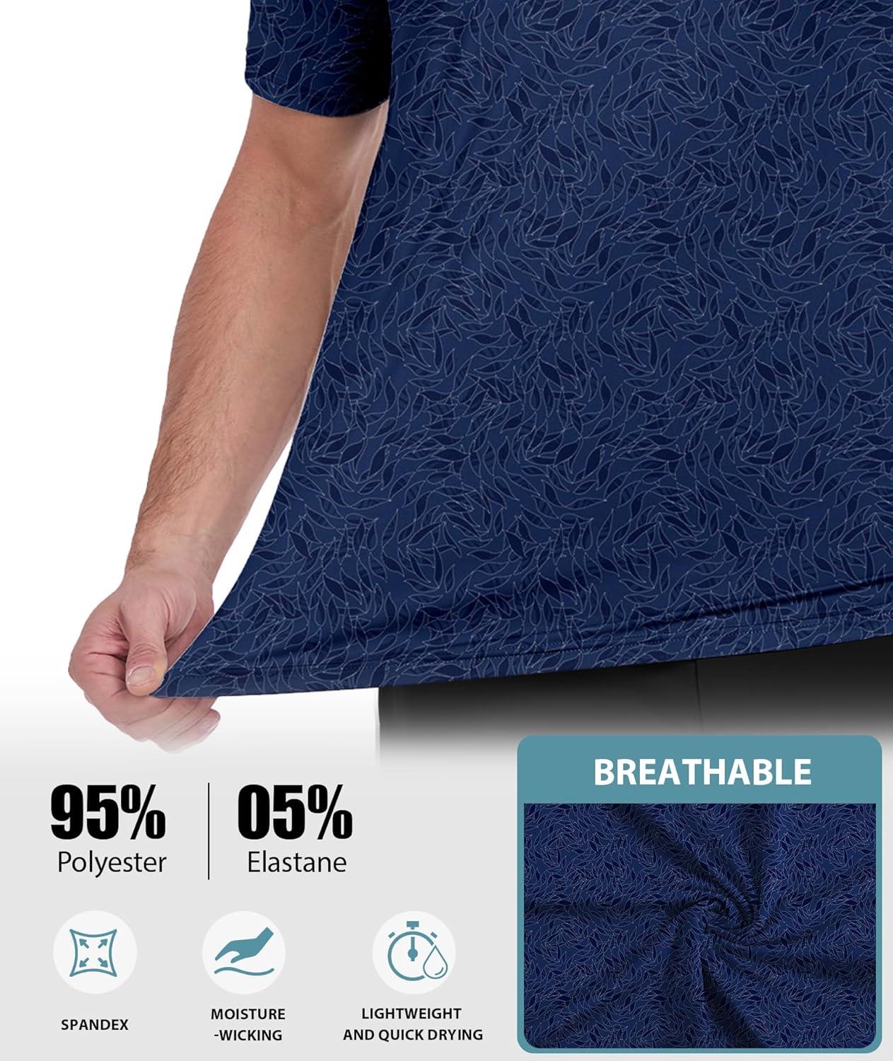 imageZITY Mens Golf Shirts Short Sleeve Print Patterns Performance Moisture Wicking Polo ShirtNavy Blue Leaves