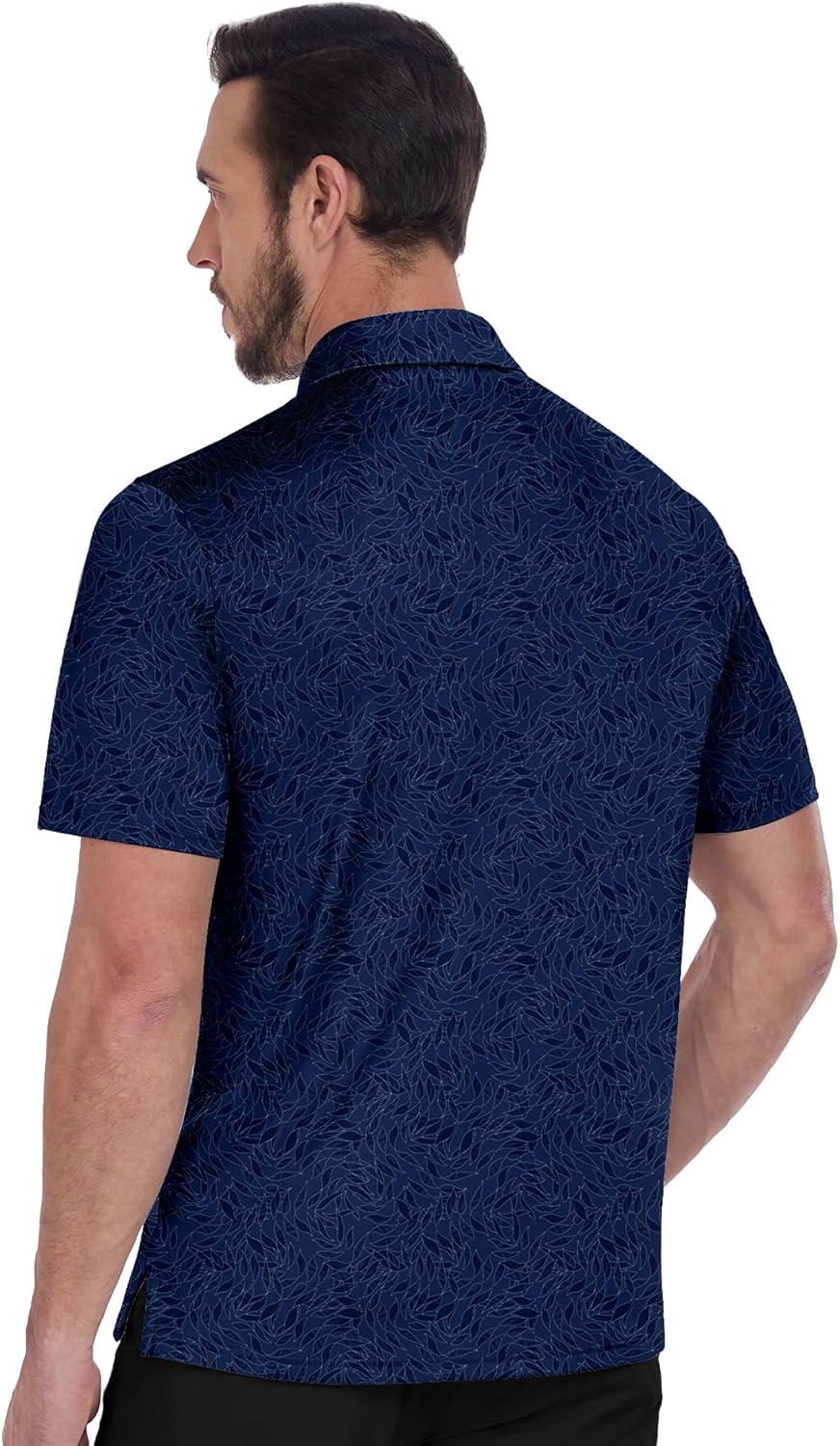 imageZITY Mens Golf Shirts Short Sleeve Print Patterns Performance Moisture Wicking Polo ShirtNavy Blue Leaves