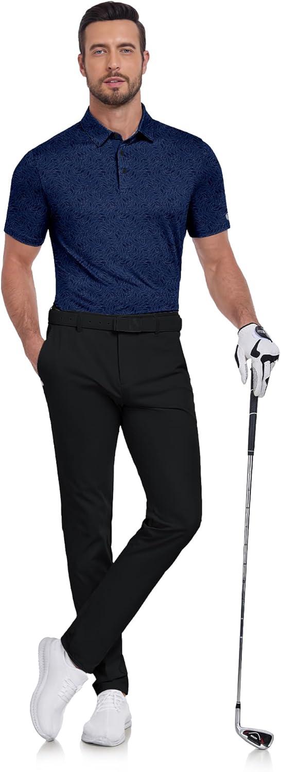 imageZITY Mens Golf Shirts Short Sleeve Print Patterns Performance Moisture Wicking Polo ShirtNavy Blue Leaves