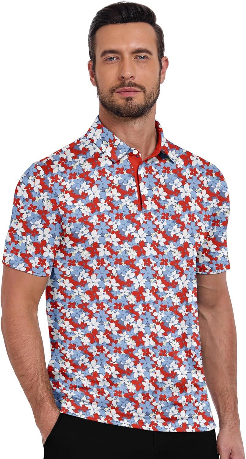 imageZITY Mens Golf Shirts Short Sleeve Print Patterns Performance Moisture Wicking Polo ShirtRed Maple Leaf