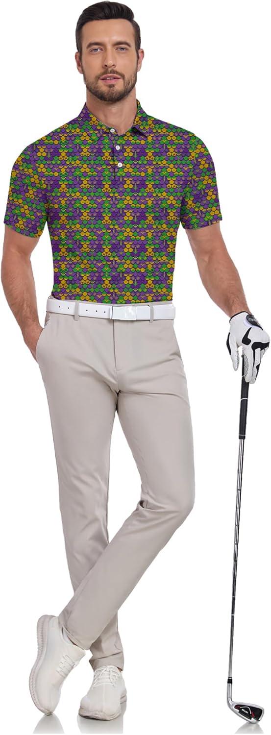 imageZITY Mens Golf Shirts Short Sleeve Print Patterns Performance Moisture Wicking Polo ShirtYellow Purple Bikini