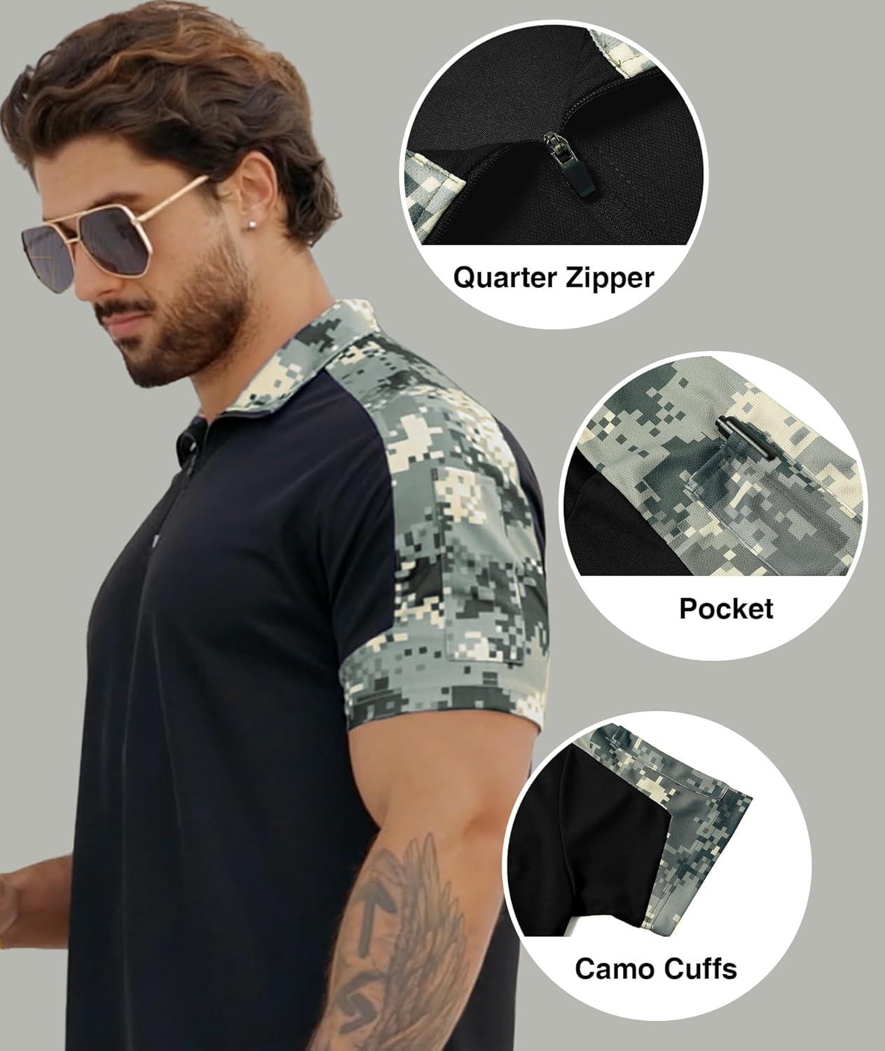 imageZITY Polo Shirts for Men Quarter Zip Short Sleeve Tactical Casual Golf Shirts Collared for Military Army TShirtsBlack