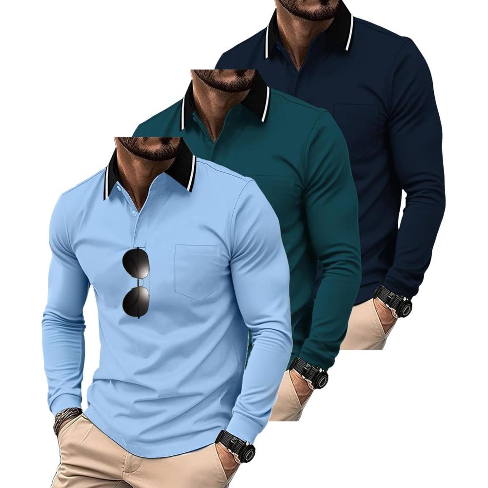 imageZITY 3 Pack Men Polo Shirts Long Sleeve with Pocket Golf Shirts Shirts for Men Casual Work Athletic Collared TShirtsBlue Darkblue Navy