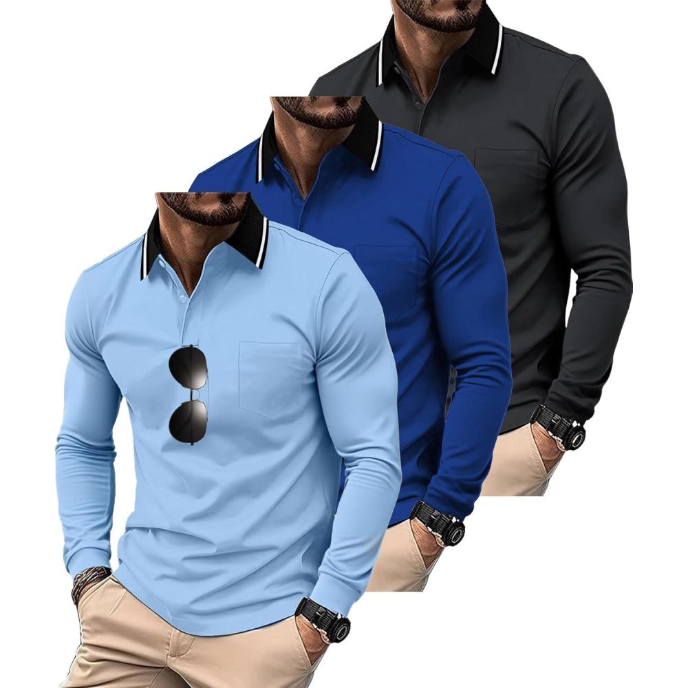imageZITY 3 Pack Men Polo Shirts Long Sleeve with Pocket Golf Shirts Shirts for Men Casual Work Athletic Collared TShirtsGrey Lightblue Sapphireblue