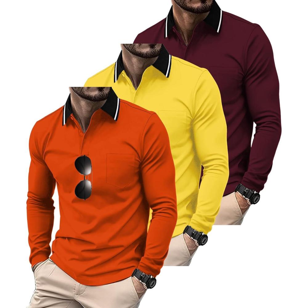 imageZITY 3 Pack Men Polo Shirts Long Sleeve with Pocket Golf Shirts Shirts for Men Casual Work Athletic Collared TShirtsOrange Yellow Winered