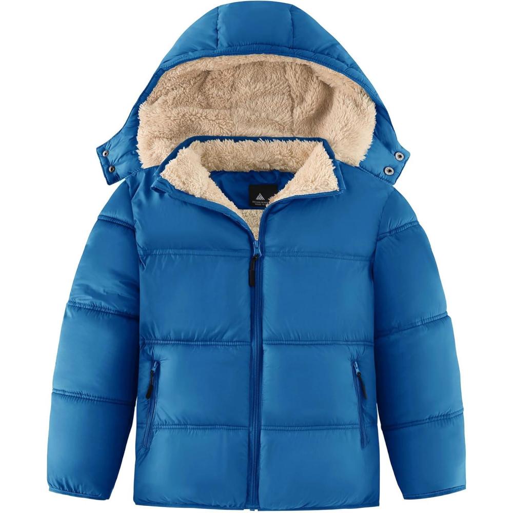imageZITY Boys Winter Coat Thermal Puffer Jacket Warm Sherpa Fleece Lined WaterResistant Zip Outerwear Coat with Detachable HoodBright Blue
