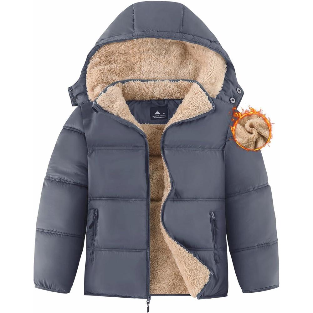imageZITY Boys Winter Coat Thermal Puffer Jacket Warm Sherpa Fleece Lined WaterResistant Zip Outerwear Coat with Detachable HoodIron