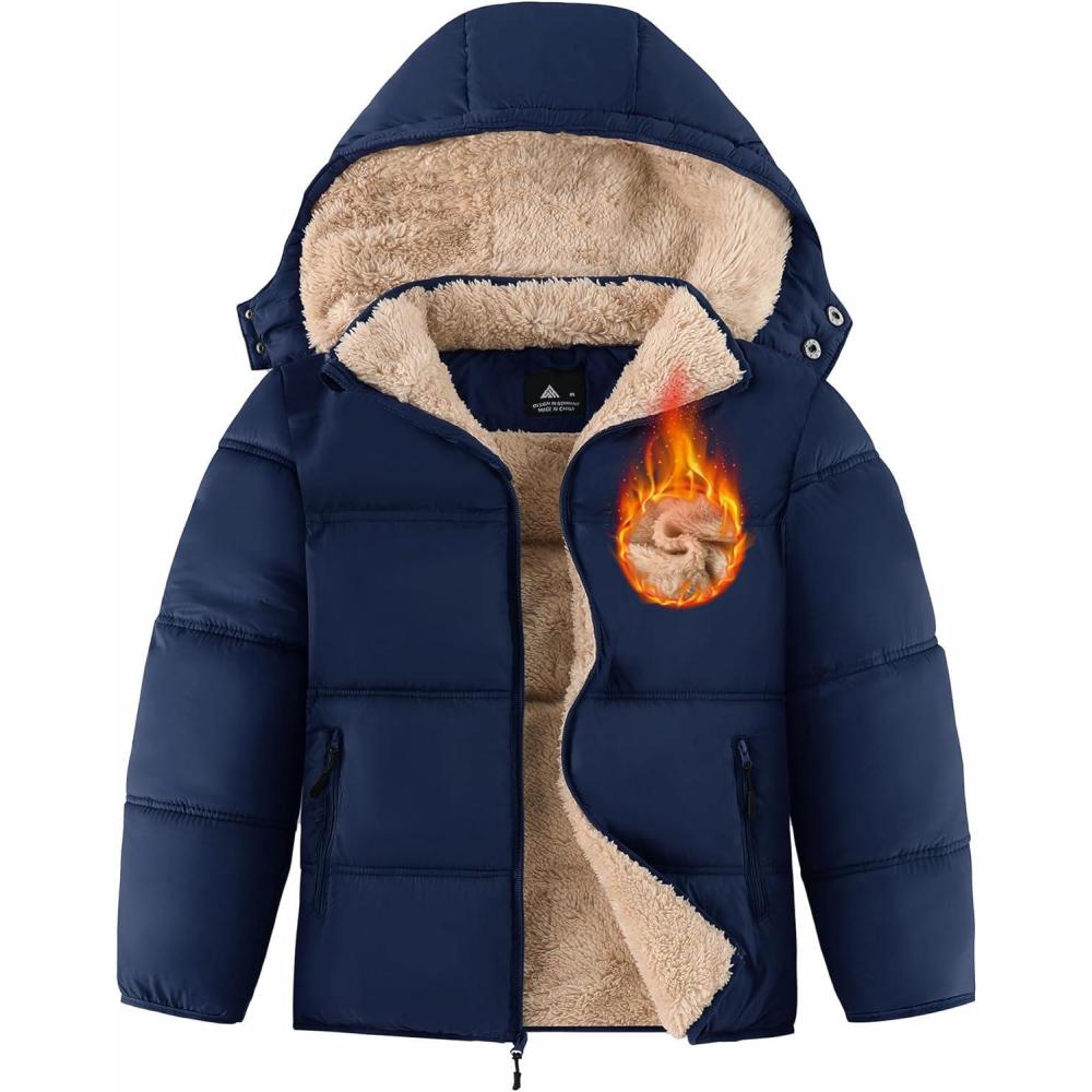 imageZITY Boys Winter Coat Thermal Puffer Jacket Warm Sherpa Fleece Lined WaterResistant Zip Outerwear Coat with Detachable HoodNavy