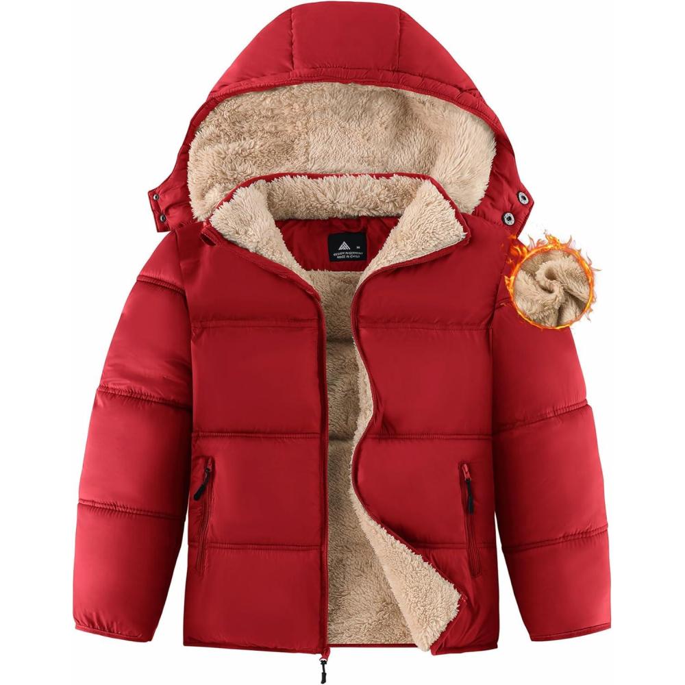imageZITY Boys Winter Coat Thermal Puffer Jacket Warm Sherpa Fleece Lined WaterResistant Zip Outerwear Coat with Detachable HoodRed