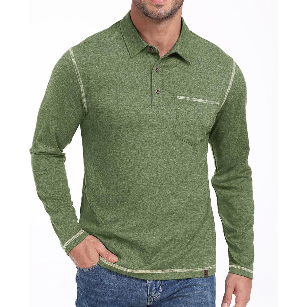 imageZITY Mens Casual Long Sleeve Polo Shirts Classic Button Cotton Work TShirt Collared Basic Golf Shirt with PocketArmy Green