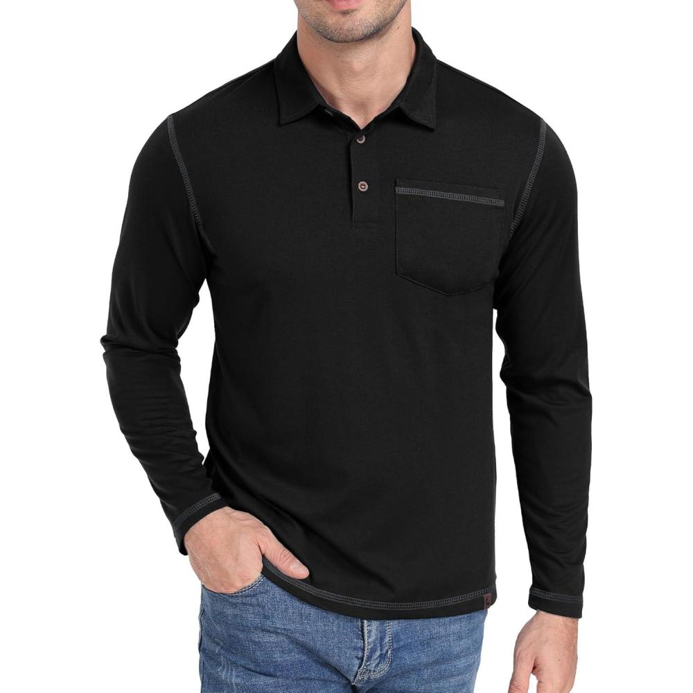 imageZITY Mens Casual Long Sleeve Polo Shirts Classic Button Cotton Work TShirt Collared Basic Golf Shirt with PocketBlack
