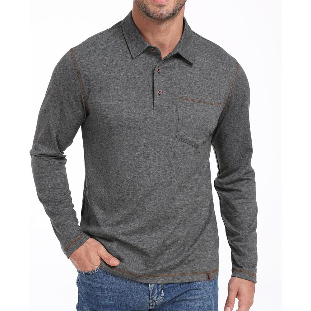imageZITY Mens Casual Long Sleeve Polo Shirts Classic Button Cotton Work TShirt Collared Basic Golf Shirt with PocketGrey