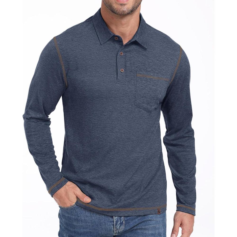 imageZITY Mens Casual Long Sleeve Polo Shirts Classic Button Cotton Work TShirt Collared Basic Golf Shirt with PocketNavy