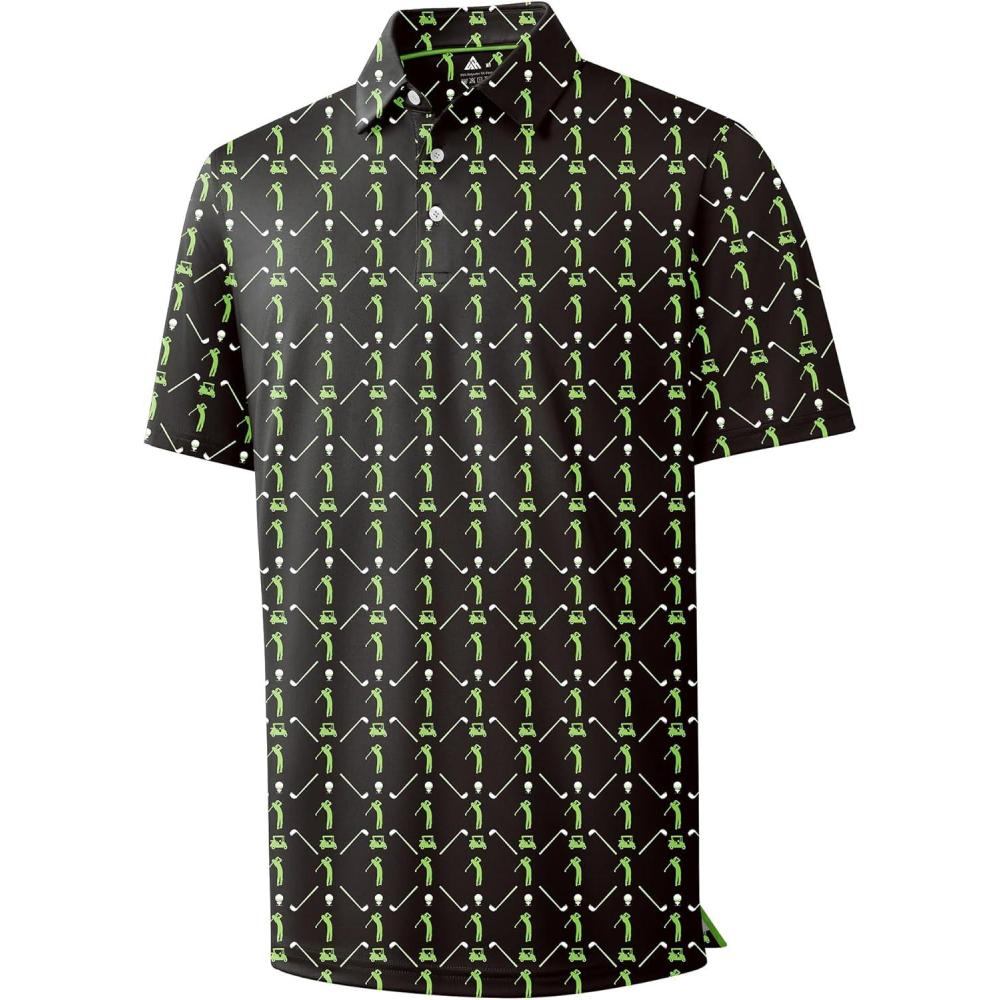 imageZITY Mens Golf Shirts Short Sleeve Print Patterns Performance Moisture Wicking Polo ShirtBlack Green Golf