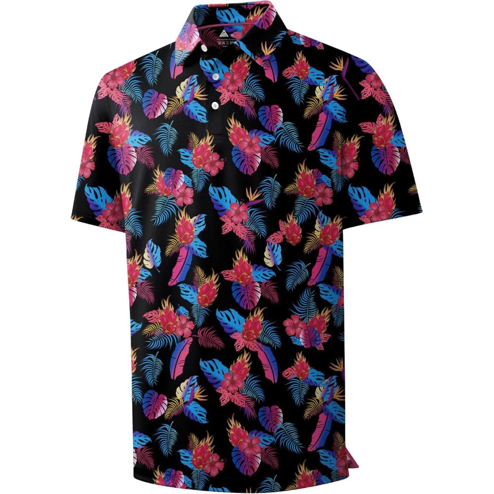 imageZITY Mens Golf Shirts Short Sleeve Print Patterns Performance Moisture Wicking Polo ShirtBlack Pink Tropical Leaves