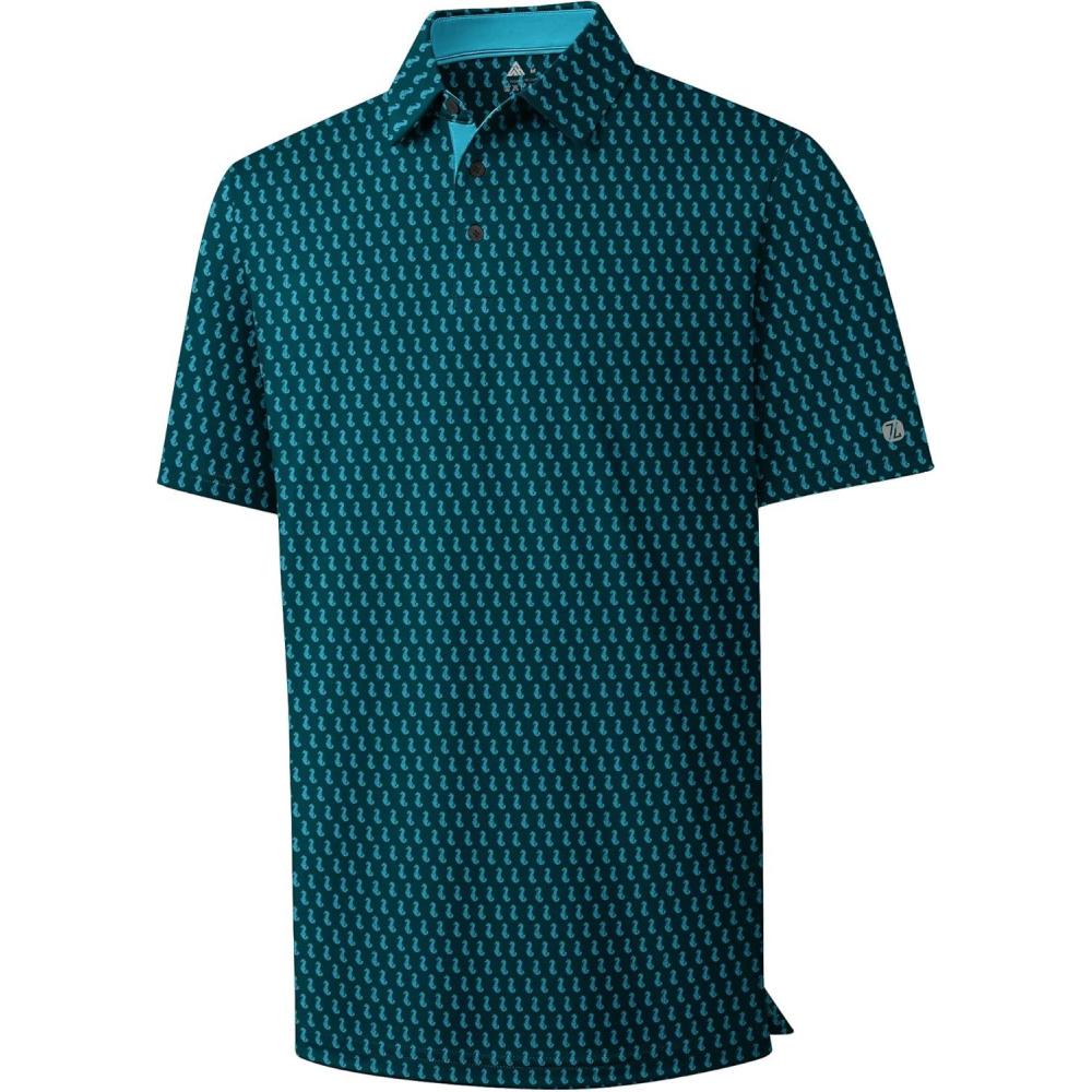 imageZITY Mens Golf Shirts Short Sleeve Print Patterns Performance Moisture Wicking Polo ShirtBlue Green Seahorse