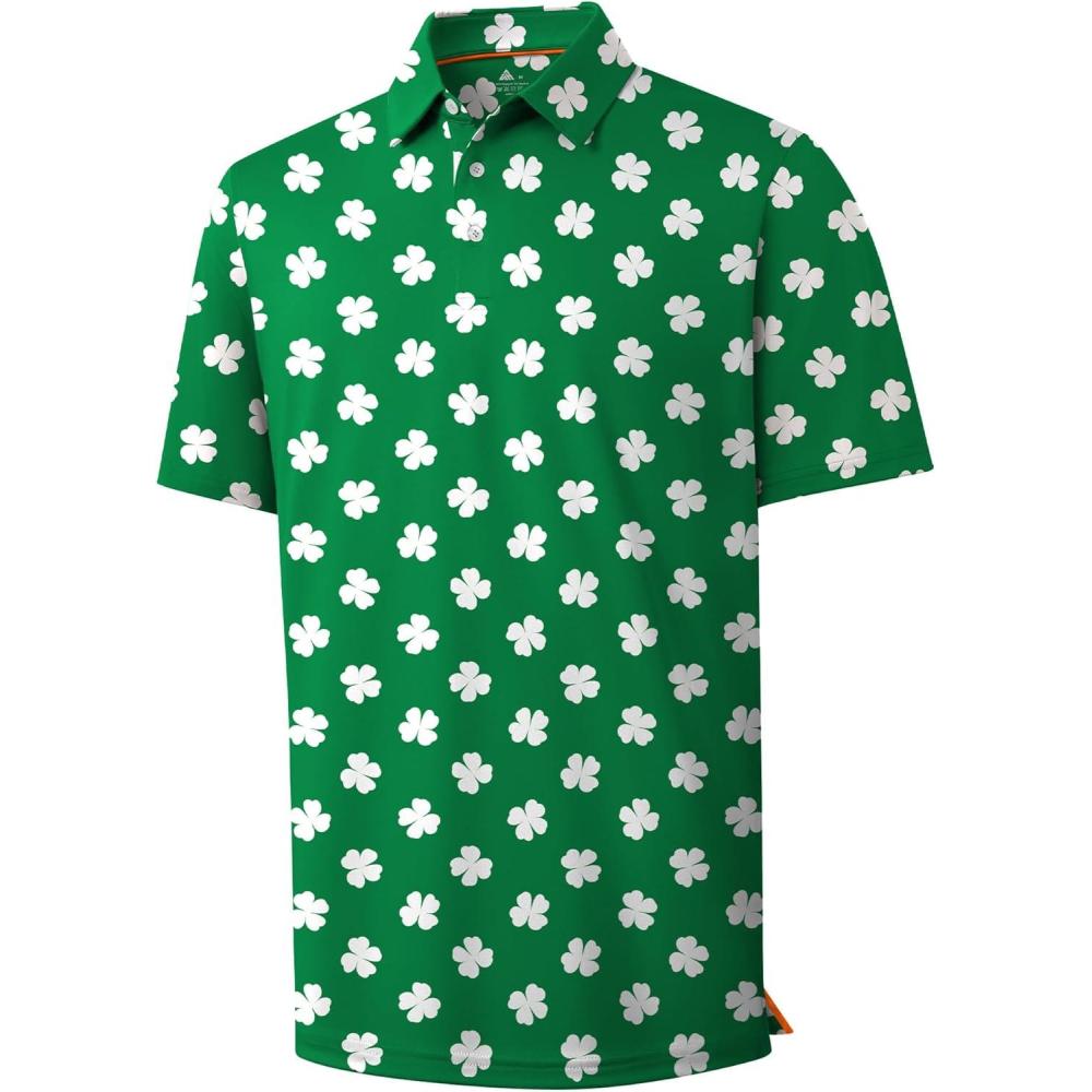 imageZITY Mens Golf Shirts Short Sleeve Print Patterns Performance Moisture Wicking Polo ShirtGreen Clover