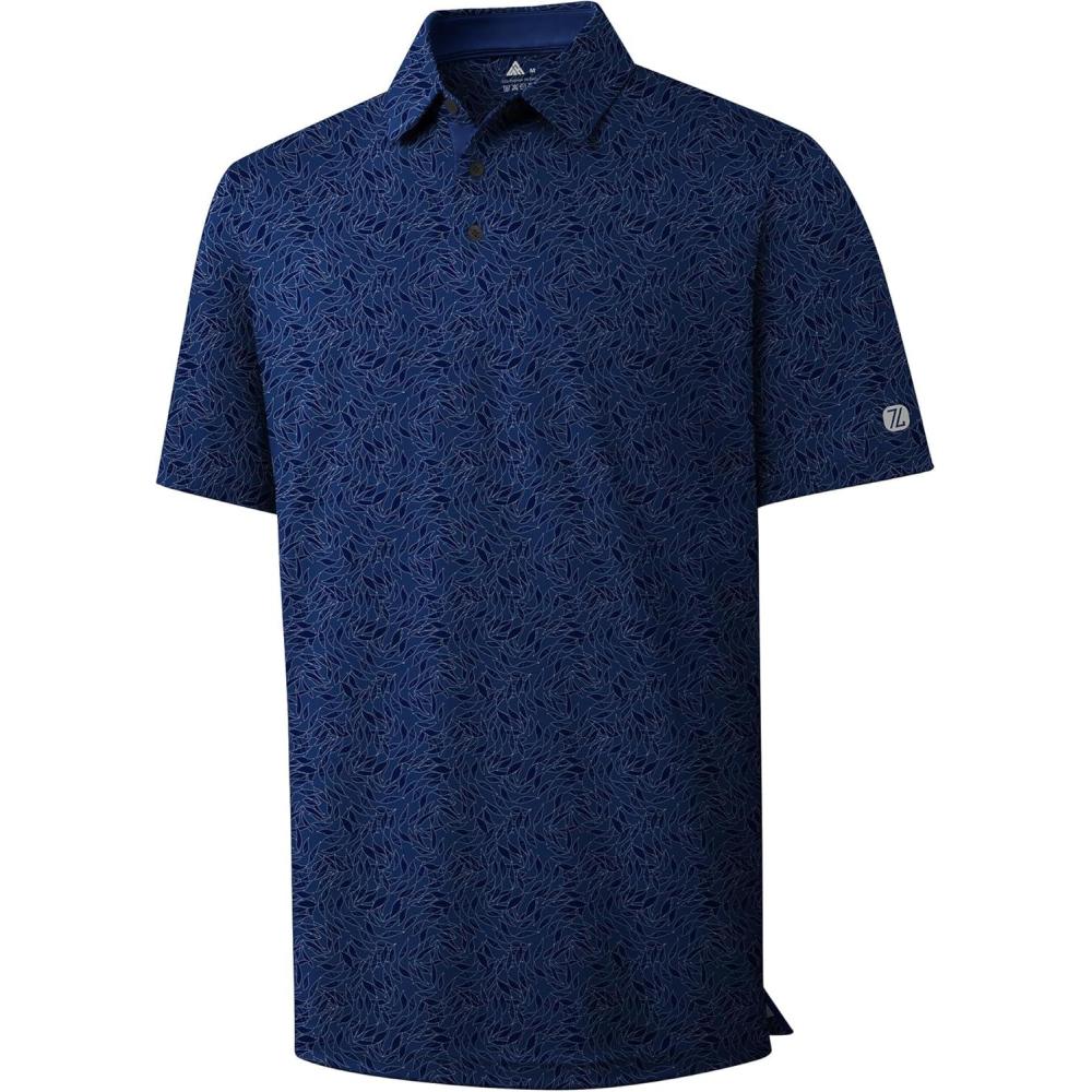 imageZITY Mens Golf Shirts Short Sleeve Print Patterns Performance Moisture Wicking Polo ShirtNavy Blue Leaves