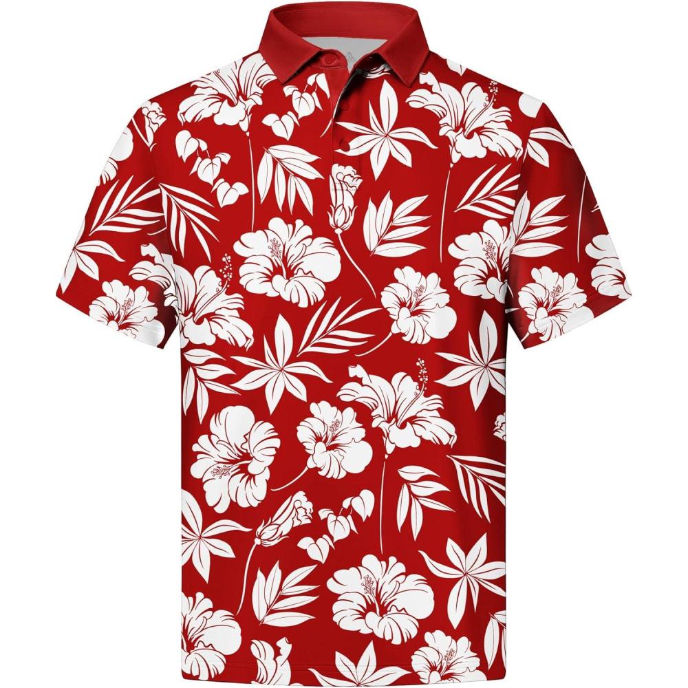 imageZITY Mens Golf Shirts Short Sleeve Print Patterns Performance Moisture Wicking Polo ShirtRed Flower