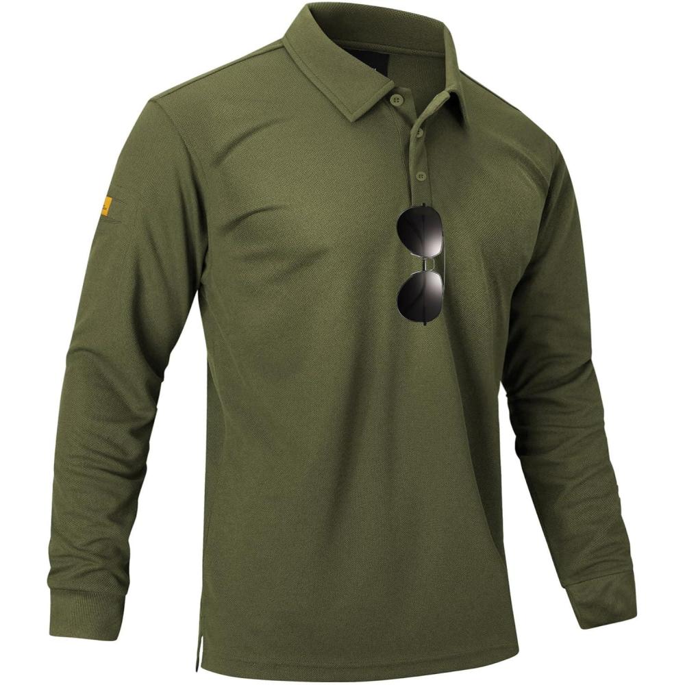 imageZITY Mens Long Sleeve Polo Shirts 3 Button Down with Pocket Classic Golf Breathable Solid Color Designed Collared Casual TeeArmy Green