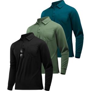 ZITY 3 Pack Long Sleeve Polo Shirts for Men with Pocket Moisture Wicking Outdoor Workwear Office Casual Collared Shirts Fall(Black+army+dark Teal Blue)