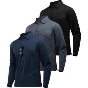ZITY 3 Pack Long Sleeve Polo Shirts for Men with Pocket Moisture Wicking Outdoor Workwear Office Casual Collared Shirts Fall(Black+grey+navy)
