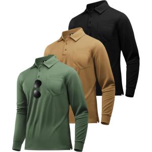 ZITY 3 Pack Long Sleeve Polo Shirts for Men with Pocket Moisture Wicking Outdoor Workwear Office Casual Collared Shirts Fall(Black+khaki+army Green)