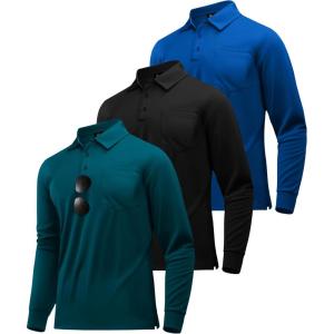ZITY 3 Pack Long Sleeve Polo Shirts for Men with Pocket Moisture Wicking Outdoor Workwear Office Casual Collared Shirts Fall(Black+royal Blue+dark Teal Blue)