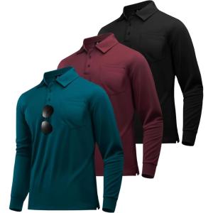 ZITY 3 Pack Long Sleeve Polo Shirts for Men with Pocket Moisture Wicking Outdoor Workwear Office Casual Collared Shirts Fall(Black+wine Red+drak Teal Blue)