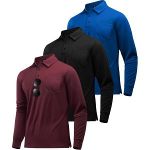 ZITY 3 Pack Long Sleeve Polo Shirts for Men with Pocket Moisture Wicking Outdoor Workwear Office Casual Collared Shirts Fall(Black+wine Red+royal Blue)