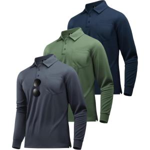 ZITY 3 Pack Long Sleeve Polo Shirts for Men with Pocket Moisture Wicking Outdoor Workwear Office Casual Collared Shirts Fall(Grey+army Green+navy)