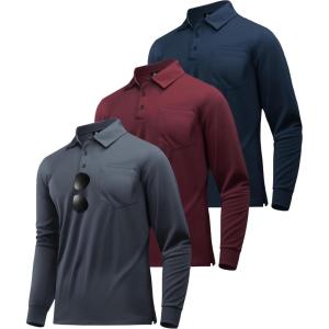 ZITY 3 Pack Long Sleeve Polo Shirts for Men with Pocket Moisture Wicking Outdoor Workwear Office Casual Collared Shirts Fall(Grey+wine Red+navy)