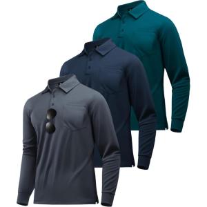 ZITY 3 Pack Long Sleeve Polo Shirts for Men with Pocket Moisture Wicking Outdoor Workwear Office Casual Collared Shirts Fall(Navy+grey+dark Teal Blue)