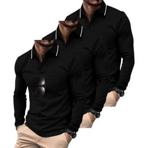 ZITY 3 Pack Men Polo Shirts Long Sleeve with Pocket Golf Shirts Shirts for Men Casual Work Athletic Collared T-Shirts(Black Black Black)