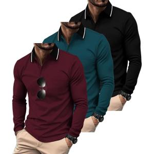 ZITY 3 Pack Men Polo Shirts Long Sleeve with Pocket Golf Shirts Shirts for Men Casual Work Athletic Collared T-Shirts(Black Duckblue Winered)