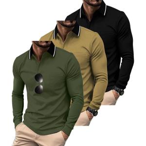 ZITY 3 Pack Men Polo Shirts Long Sleeve with Pocket Golf Shirts Shirts for Men Casual Work Athletic Collared T-Shirts(Black Green Khaki)