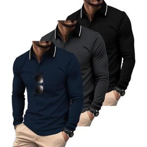 ZITY 3 Pack Men Polo Shirts Long Sleeve with Pocket Golf Shirts Shirts for Men Casual Work Athletic Collared T-Shirts(Black Grey Navy)