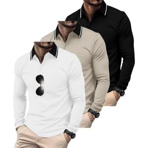 ZITY 3 Pack Men Polo Shirts Long Sleeve with Pocket Golf Shirts Shirts for Men Casual Work Athletic Collared T-Shirts(Black Lightkhaki White)
