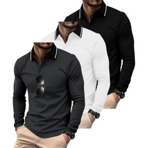 ZITY 3 Pack Men Polo Shirts Long Sleeve with Pocket Golf Shirts Shirts for Men Casual Work Athletic Collared T-Shirts(Black White Grey)