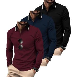ZITY 3 Pack Men Polo Shirts Long Sleeve with Pocket Golf Shirts Shirts for Men Casual Work Athletic Collared T-Shirts(Black Winered Navy)