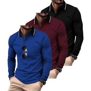 ZITY 3 Pack Men Polo Shirts Long Sleeve with Pocket Golf Shirts Shirts for Men Casual Work Athletic Collared T-Shirts(Black Winered Sapphireblue)