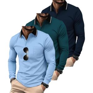 ZITY 3 Pack Men Polo Shirts Long Sleeve with Pocket Golf Shirts Shirts for Men Casual Work Athletic Collared T-Shirts(Blue Darkblue Navy)