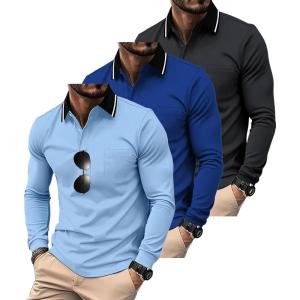 ZITY 3 Pack Men Polo Shirts Long Sleeve with Pocket Golf Shirts Shirts for Men Casual Work Athletic Collared T-Shirts(Grey Lightblue Sapphireblue)