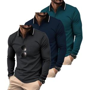 ZITY 3 Pack Men Polo Shirts Long Sleeve with Pocket Golf Shirts Shirts for Men Casual Work Athletic Collared T-Shirts(Grey Navy Duckblue)