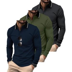 ZITY 3 Pack Men Polo Shirts Long Sleeve with Pocket Golf Shirts Shirts for Men Casual Work Athletic Collared T-Shirts(Navy Green Grey)
