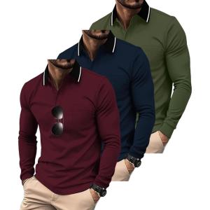 ZITY 3 Pack Men Polo Shirts Long Sleeve with Pocket Golf Shirts Shirts for Men Casual Work Athletic Collared T-Shirts(Winered Green Navy)