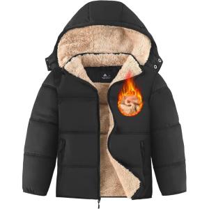 ZITY Boy’s Winter Coat Thermal Puffer Jacket Warm Sherpa Fleece Lined Water-Resistant Zip Outerwear Coat with Detachable Hood(Black Grey)
